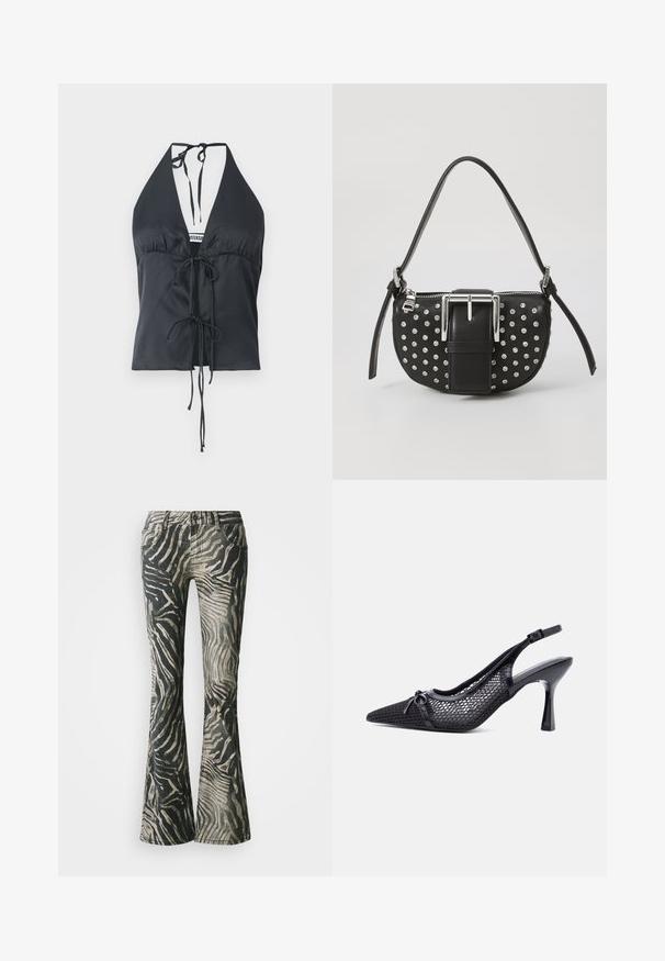 Haut à dos nu noir en tissu lisse, avec un décolleté en V profond, un devant froncé et des fermetures à nouer ajustables au cou et à la taille.; Jean évasés avec un motif zèbre noir et beige, en denim, dotés d'un design à cinq poches et de détails de couture visibles.; Escarpin noir à bout pointu avec bride arrière, motif en maille alvéolée et petit nœud décoratif à l'avant.; Sac à main en cuir noir avec une forme arrondie, orné de clous en argent et d'une boucle en argent bien visible à l'avant. Sangle ajustable incluse.
