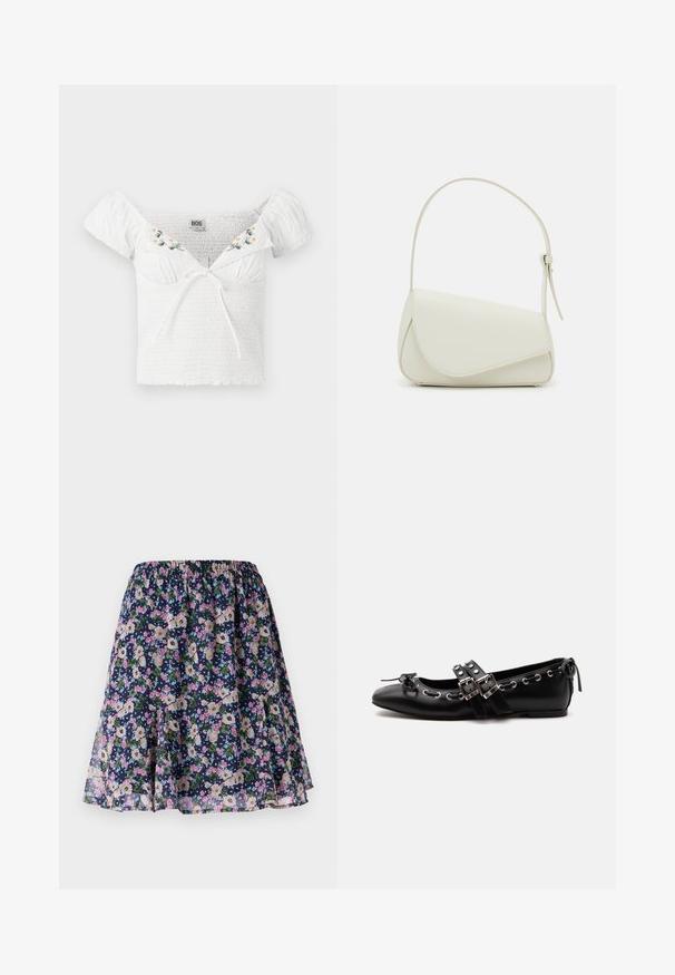Top blanco sin mangas con tela fruncida, mangas cortas abullonadas, bordado floral en el escote y detalle de lazo en la parte delantera.; Falda floral con cintura elástica. Presenta un fondo azul marino oscuro con patrones de flores en rosa, blanco y verde. Tela ligera y fluida.; Zapato de ballet plano negro con correas de doble hebilla, ojales plateados y un pequeño lazo cerca de la puntera redondeada sobre un fondo blanco.; Bolso de mano de imitación cuero blanco con una forma triangular estructurada, correa ajustable única y cierre con solapa acentuada en curva.