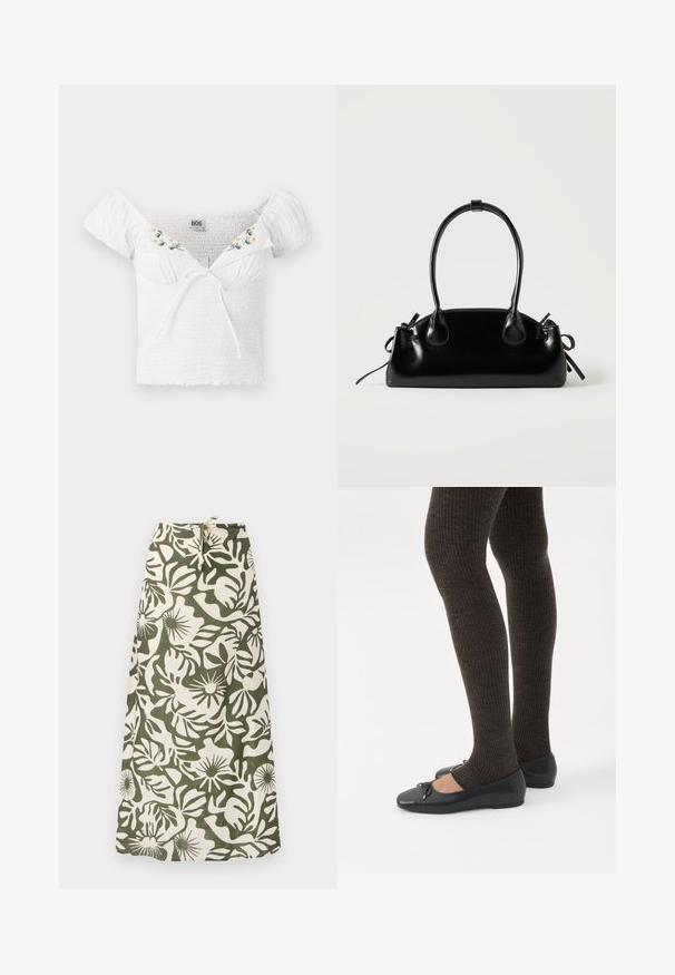 Witte off-the-shoulder top van smockstof, korte puffmouwen, bloemenborduurwerk bij de halslijn en een strikdetail aan de voorkant.; Lange rok van stof met een groen en crème bloemenpatroon, voorzien van een tailleband met trekkoord en een zachte, textuurachtige afwerking.; Benen met donkere geribbelde leggings gecombineerd met zwarte ballerina's met kleine strikdetails op een witte achtergrond.; Kleine zwarte glanzende handtas met twee lange hengsels en zijkant trekkoord details op een effen lichte achtergrond.