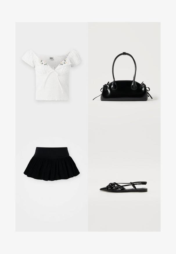 Top blanco sin mangas con tela fruncida, mangas cortas abullonadas, bordado floral en el escote y detalle de lazo en la parte delantera.; Falda negra acampanada con tejido fruncido y texturizado y una cinturilla ancha. Diseño simple, sin patrones ni herrajes presentes.; Zapato de charol negro tipo slingback con punta afilada, detalle anudado en la parte superior y suela plana. Presenta correas delgadas y hebilla ajustable.; Pequeño bolso negro brillante con dos asas largas y detalles de cordón lateral sobre un fondo claro liso.