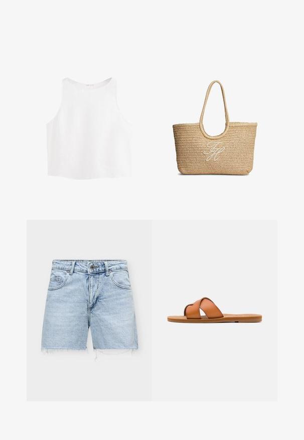 Witte mouwloze cropped top met brede armsgaten en een ronde halslijn, gemaakt van lichtgewicht stof.; Lichtblauwe denimshorts met gerafelde zomen, knoop aan de voorkant, ritssluiting en voor- en achterzakken.; Bruine leren slidesandaal met kruisschouderbandjes, platte zool, fijne textuur en minimalistisch ontwerp voor casual gebruik.; Beige geweven stro tote tas met afgeronde handvatten en witte geborduurde cursieve initialen in het midden aan de voorkant.