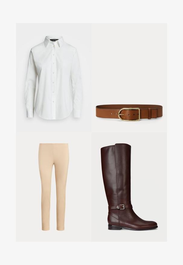 Hvid langærmet skjorte med knaplukning lavet af bomuld. Har en klassisk krave, syv knapper og et diskret logo broderet på brystet.; Beige slim-fit ankellange bukser med en glat finish og uden synlige lommer eller pynt på en ensfarvet baggrund.; Brune læderknæ-høje støvler med en glat overflade, sølvfarvet spændeaccent og en lav stabelhæle. Har diskret syninger.; Brunt læderbælte med stor gylden oval spænde og flere justeringshuller vist på en ensfarvet baggrund.