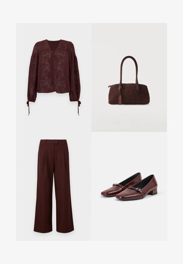 Blouse bordeaux transparente à manches longues avec motif floral en relief, boutons recouverts de tissu à l'avant, col en V et poignets noués.; Pantalon à jambes larges et taille haute de couleur marron foncé, avec passants de ceinture et plis sur le devant, présenté sur un fond blanc uni.; Paire de chaussures brillantes rouge foncé à petits talons avec une petite bride à boucle sur le dessus, posées sur un fond gris clair uni.; Sac à main en daim marron foncé avec deux longues anses et une petite étiquette attachée, sur un fond clair uni.