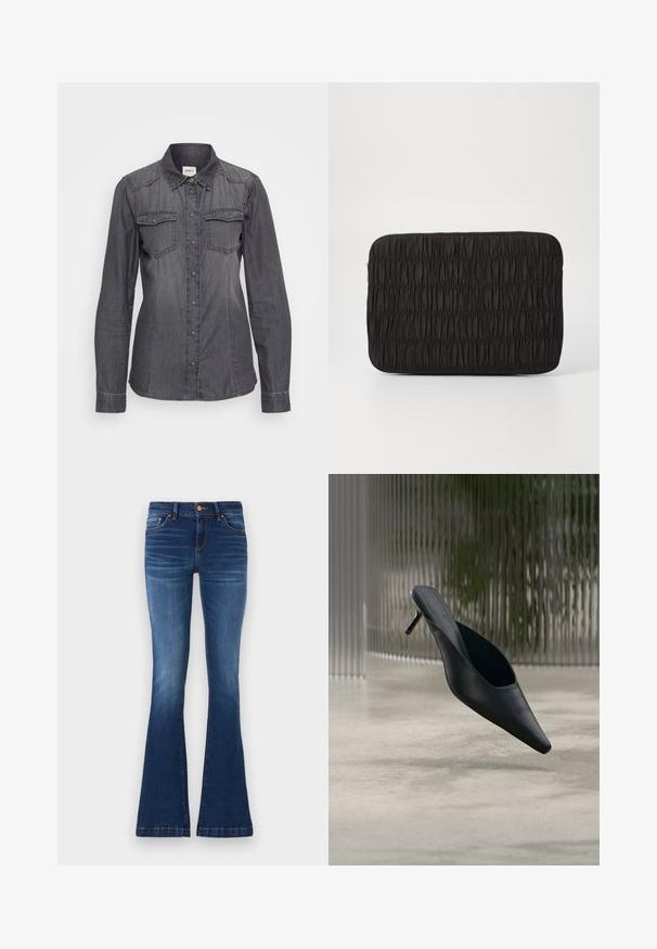 Dunkelgrauhe, langärmlige Hemdbluse mit zwei Brusttaschen und einem strukturierten Kragen. Hergestellt aus Denim mit einer glatten Textur.; Ausgestellt geschnittene Blue Jeans aus Denim, mit einer mittelhohen Taille, fünf Taschen und kontrastierenden Nähten entlang der Nähte.; Schwarzer spitzer Mule-Schuh mit dünnem hohen Absatz, der über einem glatten Betonboden schwebt, mit einem unscharfen vertikal gestreiften Hintergrund.; Schwarze Tasche mit Beutelform aus gerafftem Stoff. Verfügt über eine strukturierte Oberfläche mit einem Reißverschluss, rechteckiger Form und mattem Soft-Finish.