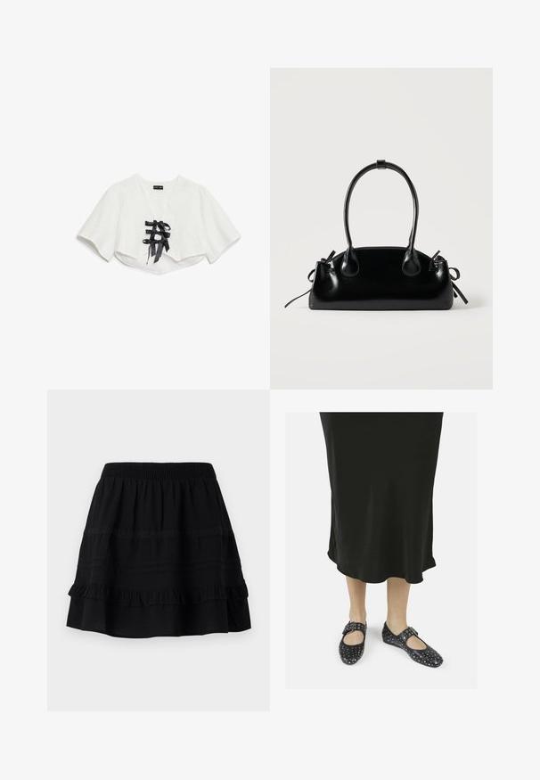 Wit crop top met korte mouwen, met een textuurpatroon, V-hals en drie zwarte satijnen lintstrikken aan de voorkant.; Zwarte katoenen rok met een gelaagde ruffles ontwerp, met een elastische tailleband en versieringen van contrasterende stiksels en kantbanden.; Zwarte leren schoenen met een ronde neus, enkele band en gesp, met studdetails, gedragen met een zwarte enkel-lange jurk.; Kleine zwarte glanzende handtas met twee lange hengsels en zijkant trekkoord details op een effen lichte achtergrond.