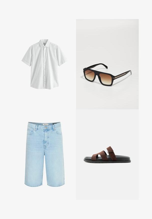 Kurzärmeliges weißes Hemd mit Knopfleiste und klassischem Kragen, aus leichtem Stoff, flach auf weißem Hintergrund präsentiert.; Hellblaue Jeansshorts mit entspannter Passform, fünf Taschen-Design, einfache Knopfverschluss und Kontrastnähte entlang der Nähte.; Braune Wildledersandale mit drei Riemen über einer schwarzen Sohle, ein Riemen mit einem Klettverschluss für eine verstellbare Passform.; Schwarze rechteckige Sonnenbrille mit verlaufenden braunen Gläsern. Glänzendes Gestell, subtile goldene Akzente an den Bügeln und strukturierte Enden der Bügel.