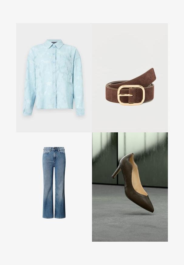 Lichtblauw bloempatroon shirt van transparante stof, met een kraag, knoopsluiting aan de voorkant en een borstzak. Lange mouwen met manchet.; Blauwe denim jeans met een hoge taille, wijd uitlopend ontwerp en een vervaagde wassing. Heeft een klassieke vijf-pocket stijl en een sluiting met een knoop aan de voorkant.; Donkerbruine, gestructureerde leren hoge hakken schoen met puntige neus, zwevend boven een grijze vloer voor matglazen panelen.; Bruine suède riem met een rechthoekige gouden metalen gesp. De riem heeft een gladde textuur en is ontworpen om rond de taille te dragen.