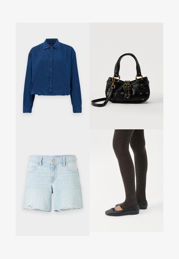 Pika pika tumesinine teksane särk pikkade varrukatega, nööpidega esiosa, klassikaline krae ja kogutud mansetid, lühendatud äärega, valmistatud GAP-i poolt.; Heled sinine teksashorts, millel on veidi kulunud serv, viie tasku kujundus ja nupukinnitus. Kergelt tuhm tekstuur kogu ulatuses.; Jalad seljas tumedad soonelises soonelises kombines mustade baleriinadega, millel on väikesed paelade detailid valgel taustal.; Must nahast käekott kuldse pandla ja neetidega, lühikeste sangade ning reguleeritava õlarihmaga, valgel taustal.