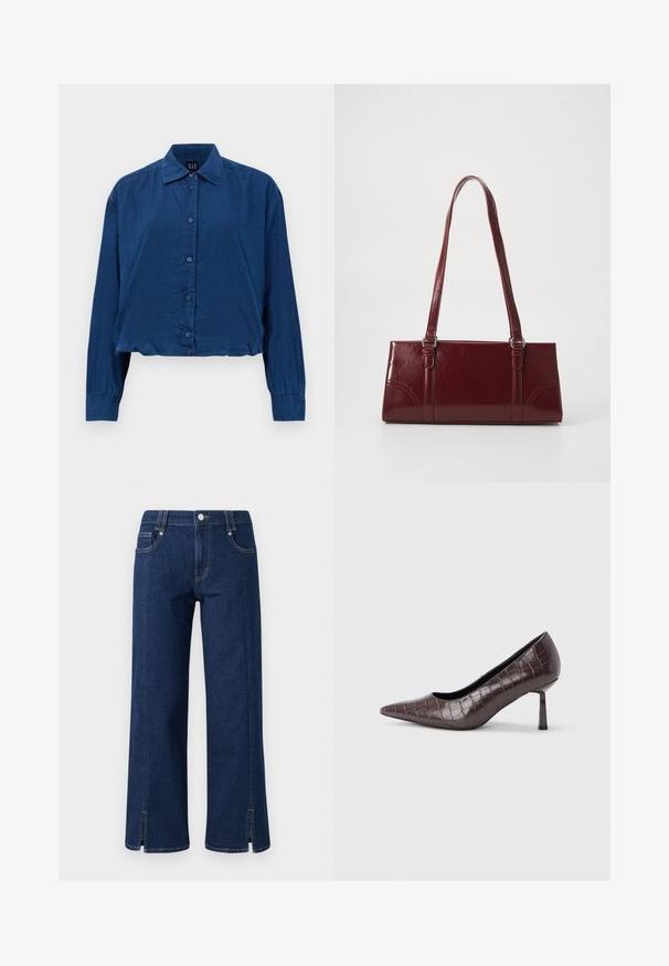 Langarmige dunkelblaue Jeanshemd mit Druckknopfverschluss, klassischem Kragen und gerafften Manschetten, kurz geschnittenem Saum, hergestellt von GAP.; Dunkelblaue Denim-Jeans mit weitem Bein und hoher Taille, mit seitlichen Taschen, einem Frontknopfverschluss und Schlitzsäumen für zusätzliche Details.; Braune Pumps mit spitz zulaufender Spitze aus Kunstleder in Krokodiloptik, mit schlankem, eckigem Absatz und glatter Innenfütterung.; Burgunderfarbene Handtasche aus glänzendem Material, rechteckige Form, mit zwei Schulterriemen und subtilen, geschwungenen Akzenten an der Vorderseite.