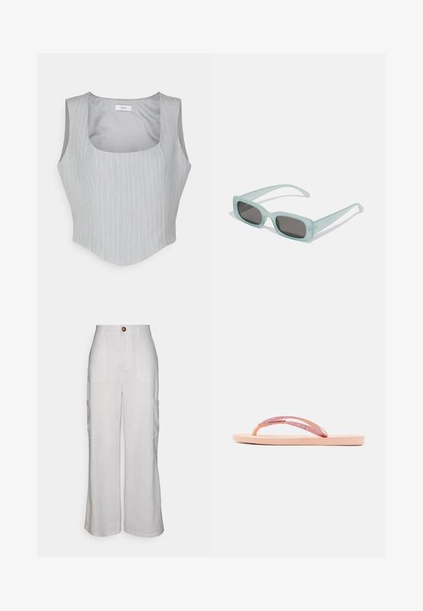Envii ENGRAPE - Pluus - grey; Gina Tricot MALIKA BLEND TROUSERS - Püksid - white; Roosa lipur featuring sädelev rihm, tekstureeritud kummist tald ja lihtne lame disain. Aktsentideks on sädelev ühendustükk.; Kaks ümmargust päikeseprilli, millel on helesinised poolläbipaistvad raamid ja tumehallid objektiivid, sirged tempud ja minimaalsete detailidega riistvara.