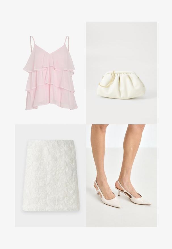Haut sans manches en couches rose clair avec des bretelles spaghetti réglables et un design flottant et volé.; Jupe mini blanche avec une surface texturée ornée de motifs floraux en relief ressemblant à des roses, fabriquée en tissu léger.; Escarpins à talon slingback en cuir verni beige avec un bout pointu et un talon de 5 cm, présentant des côtés découpés et une fine bride à la cheville.; Sac à main en cuir blanc avec un design plissé, doté d'une bandoulière en chaîne dorée et d'une forme arrondie. Texture lisse avec des plis doux et sans motifs.