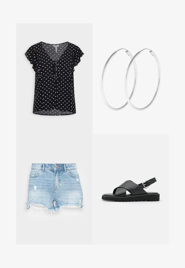 Object OBJOLLI - Bluse - sky captain/white; Denim-Shorts in Hellblau mit einem verwaschenen Finish, fransigem Saum und klassischem Fünf-Taschen-Design. Mit einem Metallknopfverschluss.; Schwarze Leder-Sandalen mit einem Kreuzriemen-Design, verstellbarem Schnallenverschluss und strukturierten Sohlen mit Rippen für besseren Halt.; Silberfarbene Creolen mit einer glatten, runden Form und einer polierten Oberfläche. Beide Ohrringe haben die gleiche Größe und verfügen über einen sicheren Verschlussmechanismus.