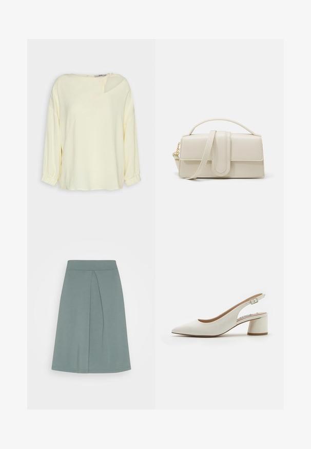 Esprit SG TWIST CUTOUT BL - Blusa - ice; Anna Field Falda acampanada - light green; Zapato de tacón destalonado de cuero blanco con punta afilada, tacón bloque de altura media y correa ajustable. Textura suave; diseño minimalista.; Bolso de mano de cuero color crema con forma rectangular, asa plana y correa desmontable; presenta un solapa frontal con cierre magnético.
