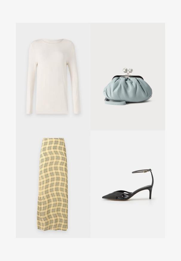 Dlhý rukáv košeľa v off-white farbe, vyrobená z mäkkého materiálu, s okrúhlym výstrihom a jednoduchým, priliehavým strihom. Hladká textúra, bez vzorov.; Rabanne Maxisukňa - green/yellow/cream; Čierna kožená topánka na vysokom opätku s špicatou špičkou, otvorenými stranami a tenkým remienkom okolo členka so zlatým kovovým detailom.; Malá svetlomodrá kožená peňaženka na mince so strieborným kovovým zapínaním kiss-lock a krátkym remienkom na zápästie na jednofarebnom pozadí.