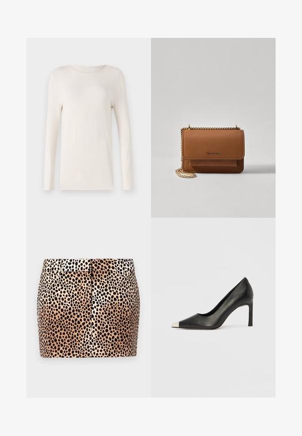 Langermet skjorte i off-white, laget av mykt materiale, med rund hals og en enkel, tettsittende design. Glatt tekstur, ingen mønstre.; Leopardmønstret miniskjørt med beige bakgrunn og svarte flekker, tettsittende design og flat midjebånd med beltehemper.; Svart lærsko med høye hæler, spiss tå og metallisk sølvhette. Har en glatt finish og en slank hæl på 10 cm.; Brun teksturert lær crossover-veske med gullkjede-stropp og klaffelukking. Fronten har logo-detalj og en lomme under klaffen.