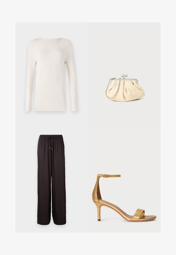 Langärmliges Shirt in Off-White, aus weichem Material, mit rundem Halsausschnitt und einfachem, figurschmeichelndem Design. Glatte Textur, ohne Muster.; Locker sitzende schwarze Hose mit elastischem Bund und Zugband mit goldfarbigen Spitzen, mit vollem Bein und geradem Schnitt.; Goldene High-Heelsandale mit glatter metallischer Oberfläche, Riemen am Knöchel mit Schnalle und schmalem Absatz, ausgestattet mit einem breiten Vorderriemen.; Faltige beigefarbene Ledertasche mit einem silbernen Metallrahmen, ausgestattet mit zwei runden dekorativen Verschlüssen und einem silbernen Kettenriemen.