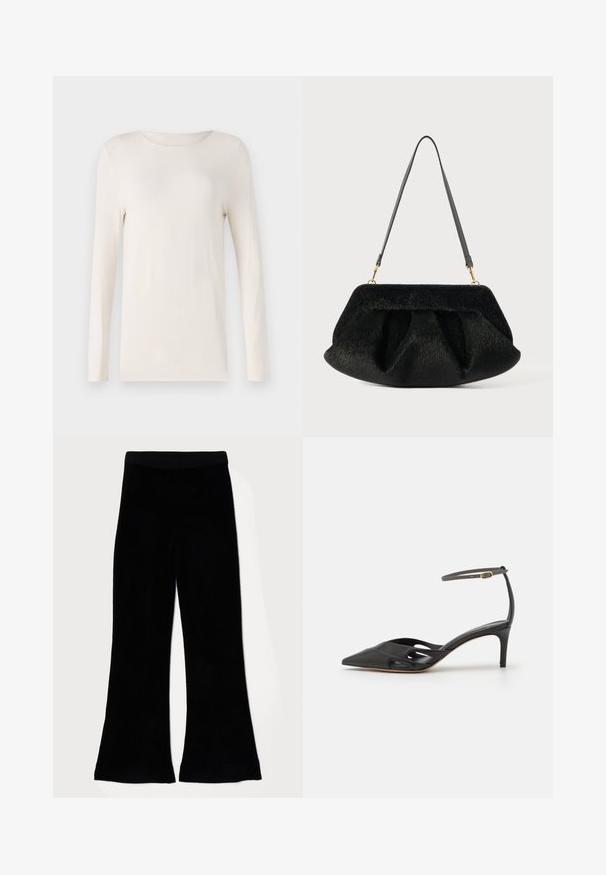 Dlhý rukáv košeľa v off-white farbe, vyrobená z mäkkého materiálu, s okrúhlym výstrihom a jednoduchým, priliehavým strihom. Hladká textúra, bez vzorov.; Čierne rozšírené nohavice vyrobené z mäkkej, textúrovanej tkaniny s hladkým pásom. Dizajn sa vyznačuje širokými nohavicami a rovnomerným lemom.; Čierna kožená topánka na vysokom opätku s špicatou špičkou, otvorenými stranami a tenkým remienkom okolo členka so zlatým kovovým detailom.; Čierna vláknitá kabelka s jemným, umelým kožúškom. Obsahuje zberaný dizajn, ploché dno a tenký, nastaviteľný kožený popruh. Zlatofarbové kovanie.