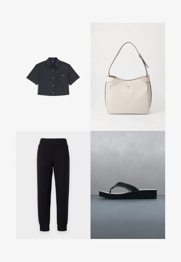 Camisa gris oscuro corta de manga corta con botones, cuello puntiagudo y bolsillo en el pecho bordado con el logo "Hugo" en escritura azul.; Pantalones deportivos negros con piernas ajustadas, que cuentan con una amplia cinturilla elástica y paneles laterales texturizados. Hechos de un material suave y elástico.; Sandalia tipo chancla con plataforma de patrón en blanco y negro y suela gruesa sobre suelo de baldosas, con vegetación y muro de piedra al fondo.; Bolso de hombro sintético beige con una textura suave, una forma superior curva, acentos de cuero marrón y un pequeño logo metálico en la parte frontal.