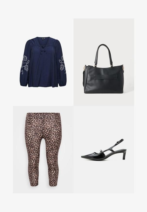 Marineblå bluse med lange pufærmer, hvid blomsterbroderi på ærmerne, rynket halsudskæring og en snordetalje foran.; Løveprint leggings med en tætsiddende design, elastisk talje, glat tekstur og en lys beige baggrund med mørkebrune pletter.; Sort laklæder spids tå slingback sko med lav hæl og to justerbare spænder, vist i sideprofil.; Sort rektangulær håndtaske med flettede håndtag, guldfarvet hardware og en udvendig vandret strop i glat læder.
