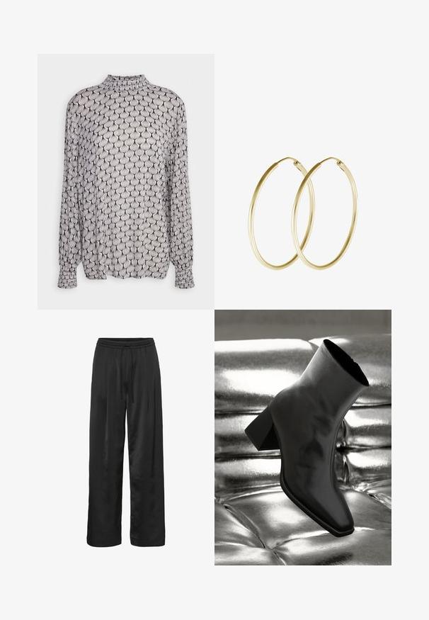 Zwart-witte blouse met lange mouwen en een hoge hals, met een gestructureerd schelpachtig patroon en geplooide manchetten. Lichte stof.; Zwarte wijde broek van glad, glanzend materiaal. Voorzien van een elastische tailleband met een koord voor een verstelbare pasvorm.; Zwarte enkellaarsjes van glanzend materiaal met een vierkante neus en taps toelopende hak, afgezet tegen een glanzende zilveren gecapitonneerde achtergrond.; Gouden hoop oorringen met een glad, rond ontwerp en een glanzende afwerking. Lichtgewicht constructie met een stevige sluiting.
