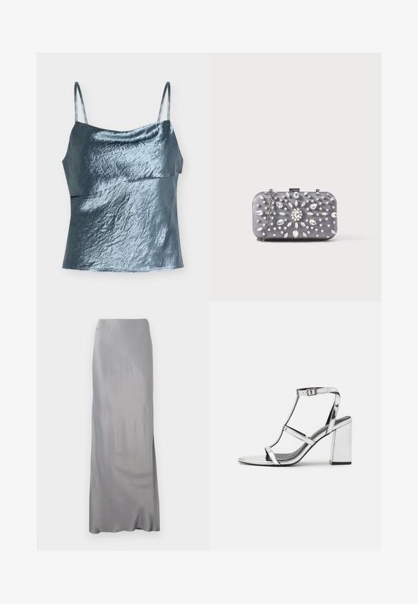 Top bleu satiné sans manches pour femme, avec fines bretelles et détail asymétrique à couches sur le corsage.; Longue jupe en satin gris argenté lisse avec une coupe droite et une brillance subtile, posée à plat sur un fond blanc.; Sandale à talons métalliques argentés avec un design à T, boucle réglable à la cheville et talon carré, présentant une surface lisse et réfléchissante.; Petit sac pochette rectangulaire gris foncé orné de strass clairs disposés en motif rayonnant, avec une bandoulière chaîne argentée.