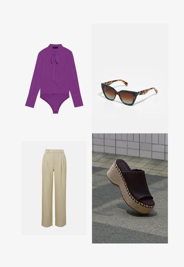 Pitkähihaine violetti bodysuit, jossa on kaulus, solmukohta ja tiukka alaosa. Sileä pinta, jossa on hieman kiiltävä viimeistely.; Beige leveleet housut valmistettu sileästä kankaasta, joissa on etupleatit, muotoiltu vyötärö ja sivutaskut. Siisti helman viimeistely.; Musta liukuvia platform-sandaaleja, joissa on punottu köydenpohja ja metallinastoitukset, laattaimaisen lattian päällä.; LIU JO Aurinkolasit - brown/blue