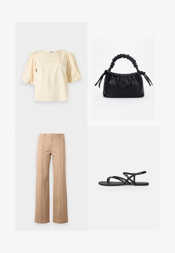 Blouse de couleur crème avec manches courtes bouffantes et encolure ronde sur fond uni.; Pantalon beige à jambe droite avec coutures centrales à l'avant, passants pour ceinture et fermeture éclair sur un fond clair uni.; Sandale plate noire avec fines brides, boucle réglable à la cheville et bride pour l’orteil sur un fond gris clair uni.; Sac à main noir avec texture crocodile, bord supérieur froncé, poignée plissée et pompons à cordon de chaque côté sur fond blanc.