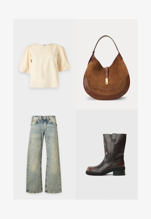 Flødefarvet bluse med puffede korte ærmer og rund halsudskæring mod en ensfarvet baggrund.; Lyseblå denimjeans med et falmet lodret stribemønster, forlommer, knaplukning og brede, lige ben.; Brun læder ankelstøvle med en rund tå, mid-høj blokhæl og diskrete stikninger. Har en sideløkke for nem påklædning.; Brun ruskind og læder hobo taske med buet form, enkelt skulderrem og guldfarvet lukning med lille logo.