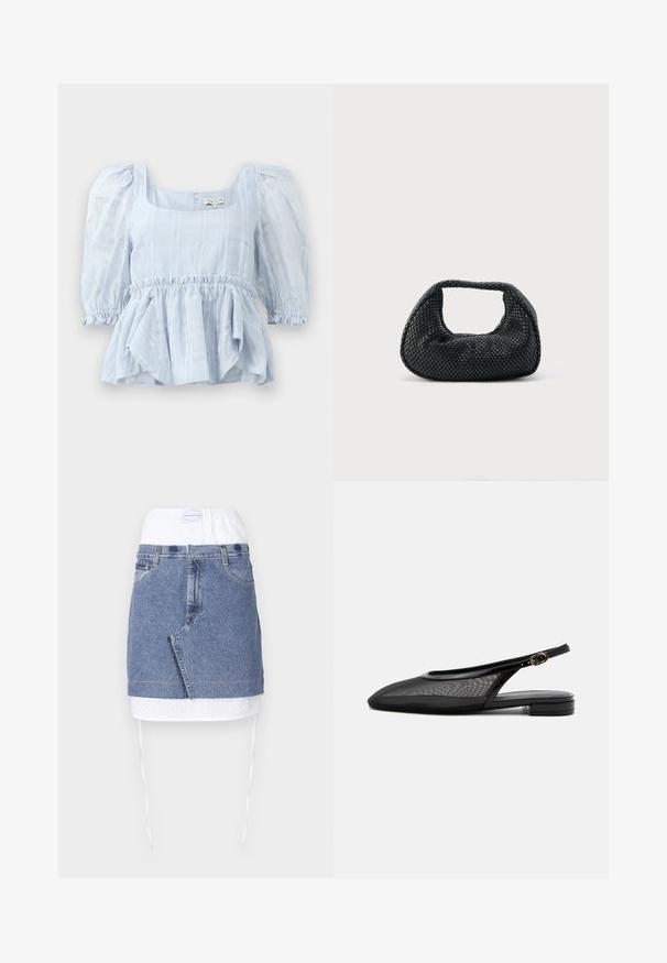 Lysblå peplum bluse i et tekstureret stof. Har puffede ærmer, en firkantet halsudskæring og samlet elastik i taljen. Lynlås i ryggen.; Denim nederdel med en blå krop, hvid perforeret talje og snoretræk. Har forlommer og en lige pasform med rå kant.; Sort slingback flad sko med spids tå, mesh overdel, justerbar spænde rem og lav stablet hæl på hvid baggrund.; Sort flettet hobo-taske med blød struktur og integreret håndtag, vist på en ensfarvet lys baggrund.