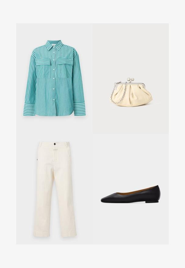 Turquoise overhemd met knopen en verticale witte strepen. Beschikt over twee borstzakken, een klassieke kraag en lange mouwen met gestreepte manchetten.; Beige katoenen broek met een recht model, voorzien van een voorknoopsluiting en een zak met een ronde knoopaccent.; Zwarte leren puntschoen met lage hak en gladde afwerking, zijaanzicht op een lichtgrijze achtergrond.; Geplooide beige leren clutch met een zilveren metalen frame, voorzien van twee ronde decoratieve sluitingen en een zilveren kettingriem.