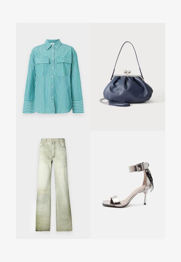Turquoise overhemd met knopen en verticale witte strepen. Beschikt over twee borstzakken, een klassieke kraag en lange mouwen met gestreepte manchetten.; Vervaagde groene denim jeans met een hoge taille, wijde pijp en versleten plekken. Voorzien van een knoopsluiting en vijf zakken.; Metallic zilveren hoge hak sandaal met open teen, enkelriem en gesp, voorzien van een decoratieve strik aan de achterkant.; Zachte navyblauwe leren handtas met zilveren sluiting, enkele schouderband en afneembare ketting polsband op witte achtergrond.
