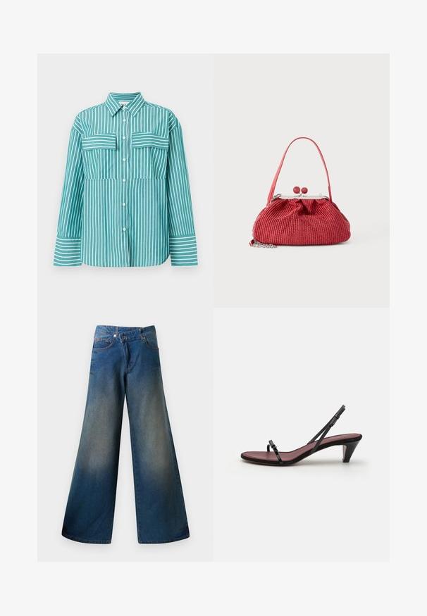 Tyrkis skjorte med knapper og lodrette hvide striber. Har to brystlommer, en klassisk krave og lange ærmer med stripede manchetter.; Bredde ben blå jeans lavet af denim, med en let falmet finish, synlige sømme, to frontlommer og en knaplukning.; Sort hæl-sandal med tynde remme og en lille dekorativ spænde. Indersålen er i en kontrasterende bordeauxfarve med en slank kegleformet hæl.; Lille rød vævet pung med en enkelt rem, sølvramme, kugle-lukning og vedhæftet sølvkædedetalje.