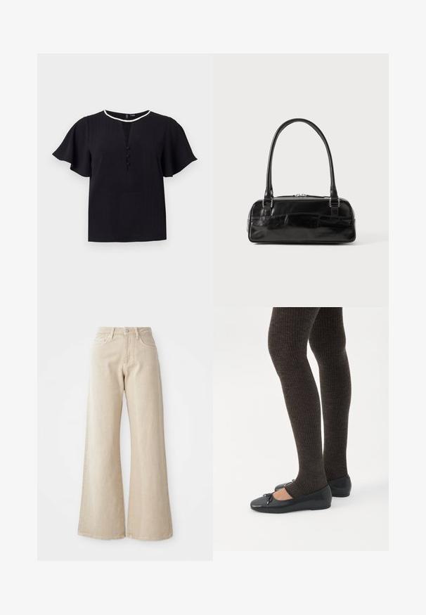 Sort kortærmet top med tekstureret stof, rund halsudskæring og tre knapper foran. Kantet med en kontrasterende hvid kant.; Beige brede benjeans lavet af denim, med høj talje, forlommer og et enkelt design uden mønstre eller detaljer.; Ben iført mørke ribbede leggings kombineret med sorte balletsko med små sløjfedetaljer på hvid baggrund.; Sort læderhåndtaske med rektangulær form, der har et enkelt struktureret håndtag, sølvhardware og lynlås-lukning. Glat tekstur.