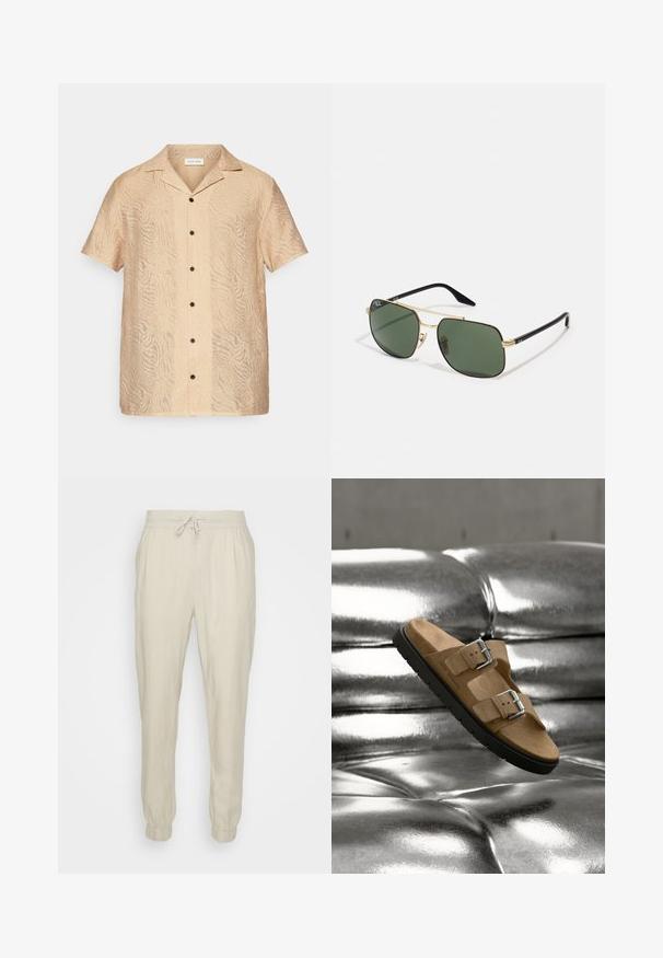 Chemise à manches courtes en beige clair, présentant un motif ondulé texturé, cinq boutons noirs et un col classique pour une coupe décontractée.; Jogging en lin beige avec une taille élastique et un cordon de serrage ajustable, présentant des poignets élastiques et une coupe relaxée. Texture lisse.; Sandale en daim marron avec deux boucles argentées flottant au-dessus d'une surface capitonnée argentée brillante, montrant les détails de la semelle noire et de la semelle intérieure.; Lunettes de soleil en métal doré avec des lentilles vertes, de forme rectangulaire, branches en plastique noir et un design bicolore. Comprend des plaquettes de nez pour le confort.