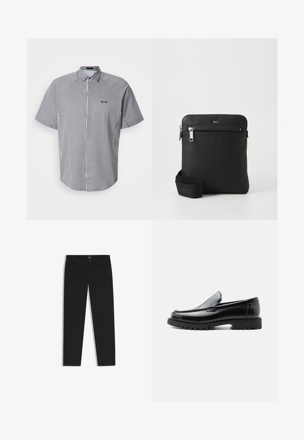 Mustavalkoisilla pystysuorilla raidoilla varustettu lyhythihainen nappipaita, jossa on terävä kaulus ja pieni kirjailtu logo rinnassa.; Musta farkkuhousut slim fit -mallilla, joissa on etutaskut, nappi- ja vetoketjusuljenta sekä BOSS-brändilogo vyötärönauhassa.; Mustat nahkaiset loafersit, joissa paksu kumipohja, ommeltu yläosa ja kohokuvioitu tuotemerkin nimi kannassa, esitetty sivuprofiilissa valkoisella taustalla.; Musta nahkainen crossbody-laukku, jossa tasainen muotoilu, teksturoitu pinta, vetoketjukiinnitys, etutasku ja säädettävä kangasremmi.