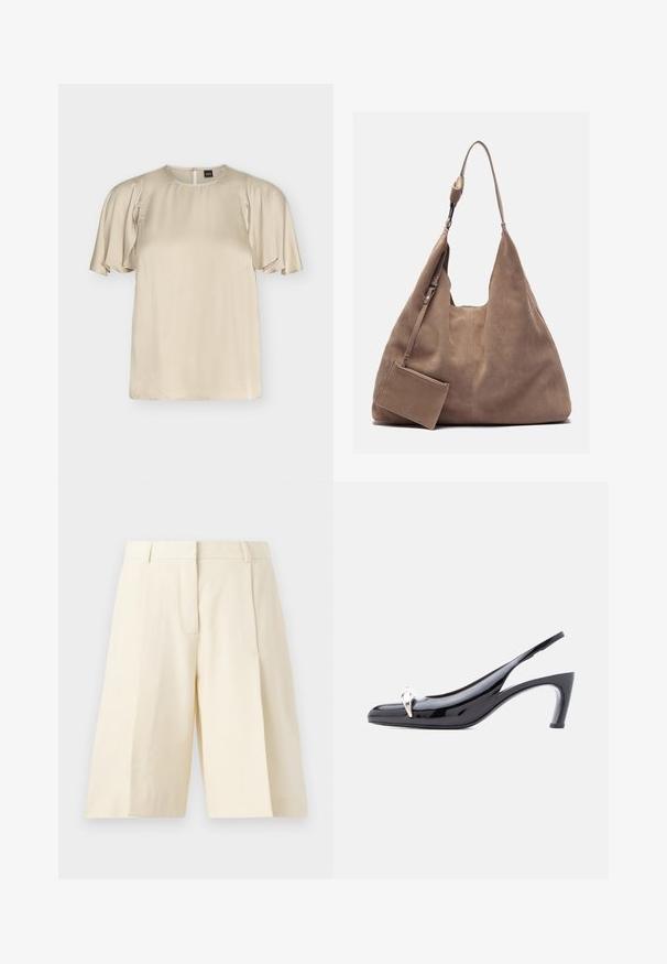 Kermanvärinen satiinipusero, jossa on lyhyet liehukevät hihat ja pyöreä pääntie, takana vetoketjukiinnitys.; Beige leveleik shorts med skræddersyet design, der har plisseringer, lynlås og bæltestropper. Glat stof med en ren finish.; Musta patenttinahkainen slingback-korkokenkä, jossa on terävä kärki ja hopeanvärinen koristeellinen yksityiskohta edessä.; Zign LEATHER - Shopping bag - light brown