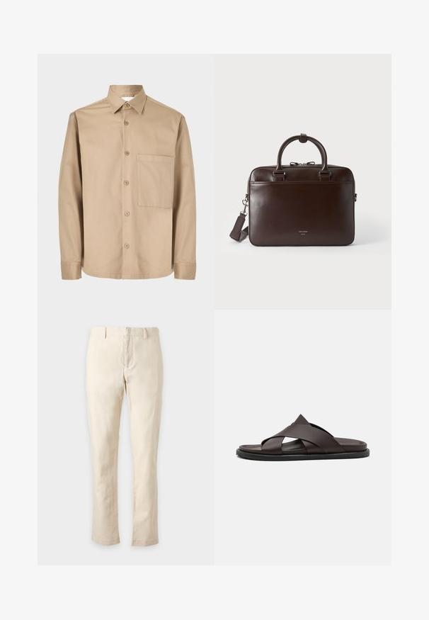 Chemise beige à manches longues avec boutons, col pointu et une seule poche plaquée sur le côté gauche de la poitrine.; Pantalon slim beige avec passants de ceinture et fermeture éclair à l'avant, présenté sur un fond neutre.; Stuart Weitzman BERKLEY - Mules - espresso; Serviette en cuir brun foncé avec deux poignées, une bandoulière détachable et un petit logo à l'avant sur un fond uni.