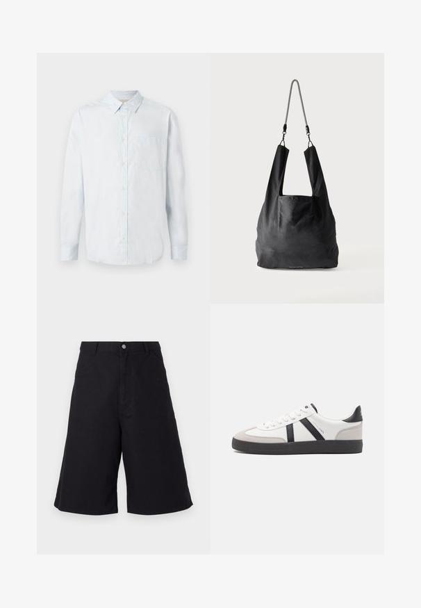 Chemise à manches longues bleu clair avec col pointu et poche poitrine, présentée à plat sur un fond blanc.; Shorts en coton noirs à coupe droite, avec poches devant, fermeture à bouton et une texture adaptée à un usage décontracté.; Baskets blanches avec des accents noirs et gris, présentant un embout texturé gris, une semelle en caoutchouc noir et des lacets plats blancs. Design épuré, style minimaliste.; Sac fourre-tout en tissu noir doux avec de larges anses et une fine bandoulière tressée noire et blanche.