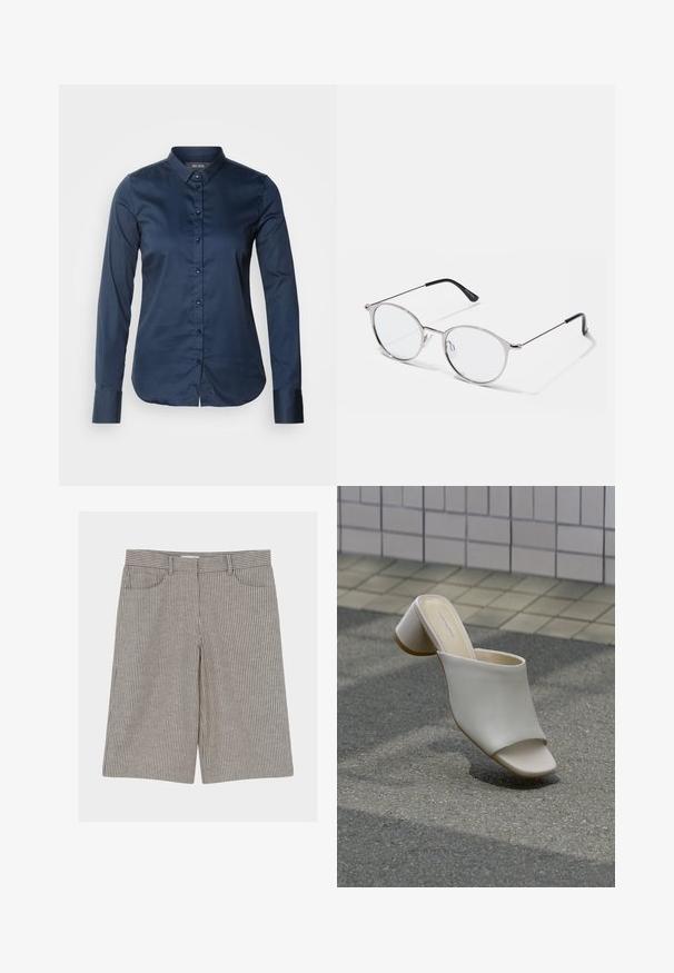 Chemise à manches longues bleu marine avec une fermeture à boutons sur le devant, un col pointu et des poignets. Texture lisse avec une coupe ajustée et un ourlet droit.; Shorts à rayures verticales beige et noires longueur genou, avec passants de ceinture et poches avant, posés à plat sur fond blanc.; Mule blanche à bout ouvert avec talon bloc sur sol pavé près d'un mur carrelé, inclinée pour montrer les vues latérale et supérieure.; Lunettes en métal argenté avec des verres ronds et une fine monture. Les embouts de branches noirs offrent un contraste. Plaquettes de nez ajustables incluses.