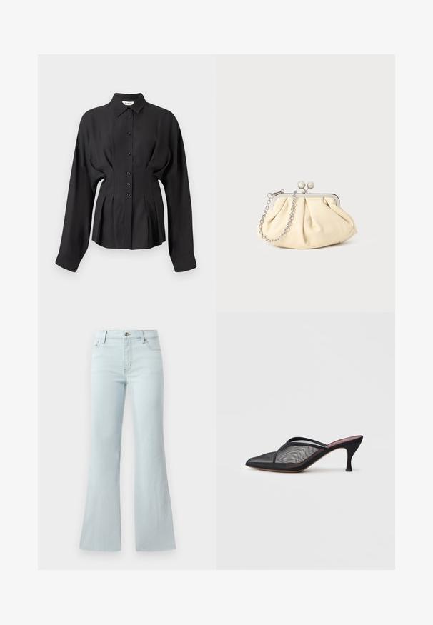 Chemise noire à manches longues en tissu lisse, avec un devant boutonné, un ourlet arrondi et des détails froncés à la taille pour un ajustement cintré.; Jean flare bleu clair en denim. Il présente un design classique à cinq poches et une fermeture à bouton à l'avant. Texture lisse sur toute la surface.; Mule en mesh noir avec un bout pointu, de fines lanières et un talon stiletto de 3 pouces. Présente une texture transparente et une semelle tonale solide.; Pochette en cuir beige plissé avec un cadre en métal argenté, dotée de deux fermoirs ronds décoratifs et d'une chaîne en argent.