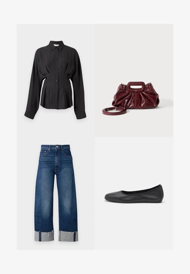 Sort langærmet skjorte i et glat stof, med knaplukning foran, buet kant og rynkede detaljer i taljen for en skræddersyet pasform.; Mørkeblå denim bukser med brede ben, frayed afslutning og lyse grå manchetter. Har et traditionelt fem-lomme design.; Sort læderballetsko med rund tå, glat tekstur, minimal syning og et fleksibelt såldesign.; Lille mørkerød læderhåndtaske med opsamlet struktur, rektangulært håndudskåret håndtag og aftagelig skulderrem på hvid baggrund.