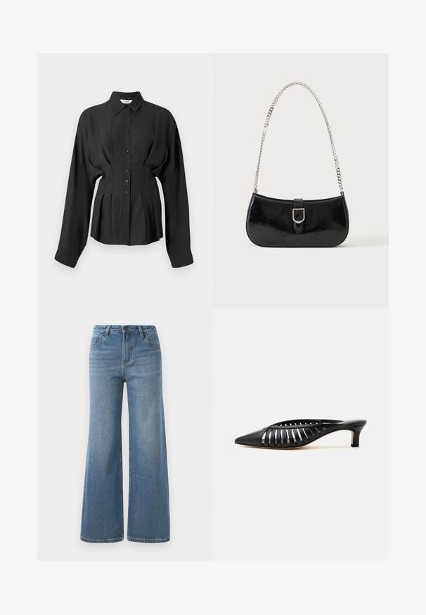 Zwarte lange mouwen shirt in een gladde stof, met een knoopsluiting aan de voorkant, een gebogen zoom en gevouwen details in de taille voor een pasvorm op maat.; Lichtblauwe wijde denim jeans met hoge taille, knoop- en ritssluiting en voorzakken.; Zwarte leren mule met puntige neus, riemdesign met uitsnijdingen en lage kittenhiel op een witte achtergrond.; Zwarte lakleren schoudertas met een zilveren gespdetail en een zilveren kettingriem, getoond tegen een effen lichte achtergrond.