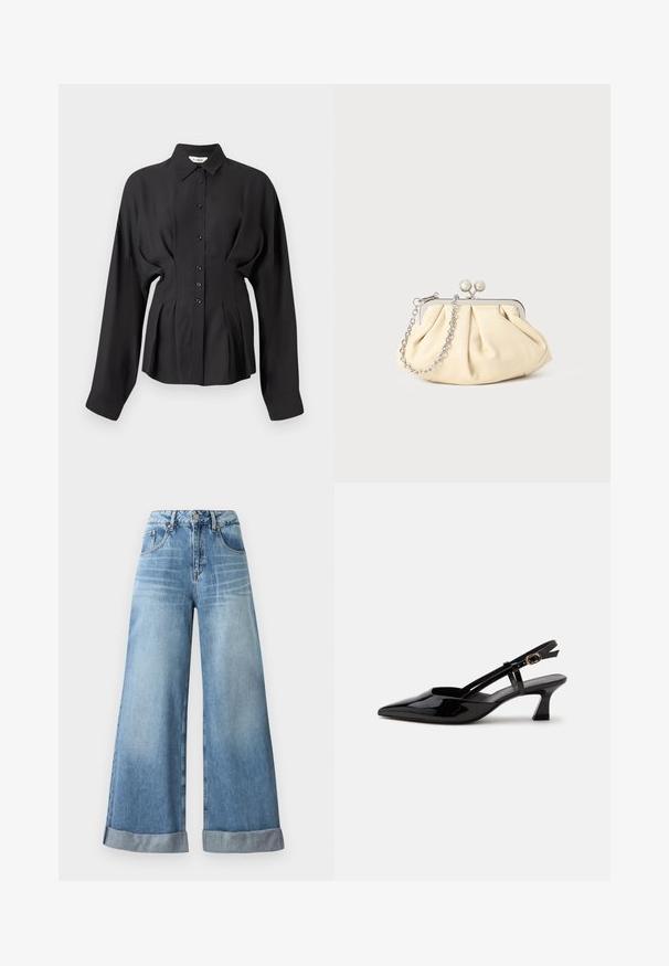 Sort langærmet skjorte i et glat stof, med knaplukning foran, buet kant og rynkede detaljer i taljen for en skræddersyet pasform.; Lysblå vidbenede jeans i denim med høj talje, der har knaplukning, fem lommer og opfoldede manchetter forneden.; Sort laklæderslingback med lille hæl, spids tå og justerbar guldlåsrem på hvid baggrund.; Plisseret beige læderclutch med en sølvmetalramme, der har to runde dekorative låse og en sølvkædetrasporte.