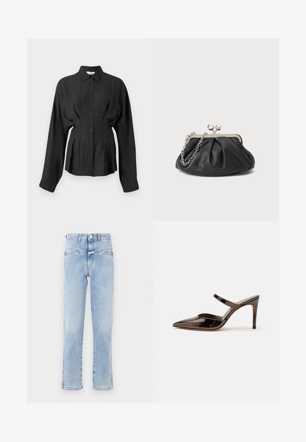 Sort langærmet skjorte i et glat stof, med knaplukning foran, buet kant og rynkede detaljer i taljen for en skræddersyet pasform.; Lys blå denim jeans med høj talje og lige pasform. Har subtil falming, standard fem-lomme design og metalknaplukning.; Skinnende mørkebrune mule med spids tå og høje hæle med en tynd rem over foden på en ensfarvet hvid baggrund.; Sort læder clutch med samlet tekstur, sølvfarvet metalramme, kys-lås lukning og kædestrop. Glat, blød overflade.