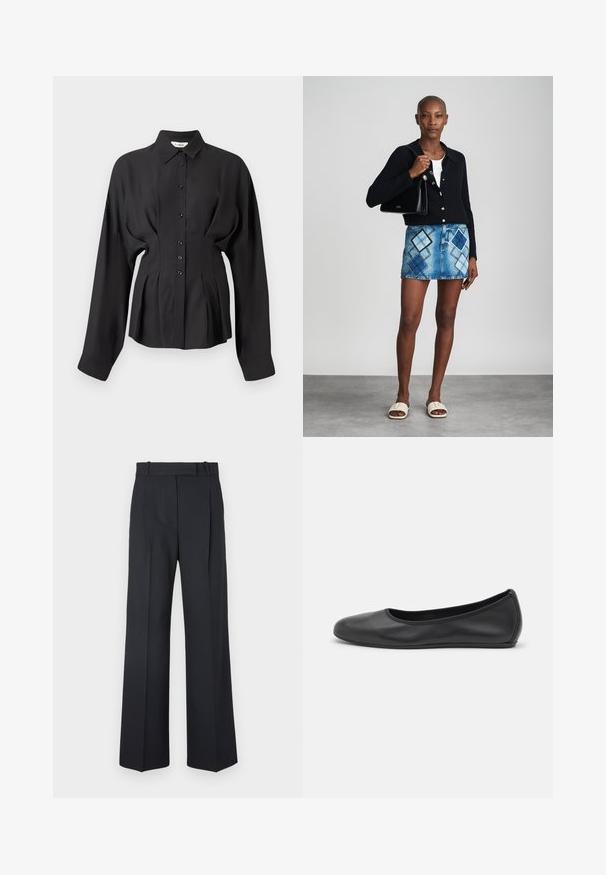 Zwarte lange mouwen shirt in een gladde stof, met een knoopsluiting aan de voorkant, een gebogen zoom en gevouwen details in de taille voor een pasvorm op maat.; Donkerblauwe pinstriped broek met een hoge taille, wijde pijpen en zonder zichtbare hardware of versieringen. Glad textuur en nauwkeurige pasvorm.; Zwarte leren ballerina met een ronde neus, gladde textuur, minimale stikdetails en een flexibele zoolontwerp.; Zwarte gebreide cardigan, witte top, denimrok met blauw en zwart ruitpatroon, zwarte handtas en beige instapsandalen.