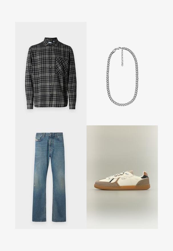 Only & Sons Lumberjack ONSARCHER Lumberjack - Chemise - black; Jeans en denim bleu avec une coupe droite, présentant un léger délavage, des poches avant et une fermeture à bouton à la taille.; Baskets blanches et beiges avec accents en daim, semelle en caoutchouc, lacets plats et détail logo. Présentent un design épuré avec des couleurs contrastantes.; Collier chaîne curb ton argent avec fermoir mousqueton et chaîne d'extension réglable sur fond blanc.