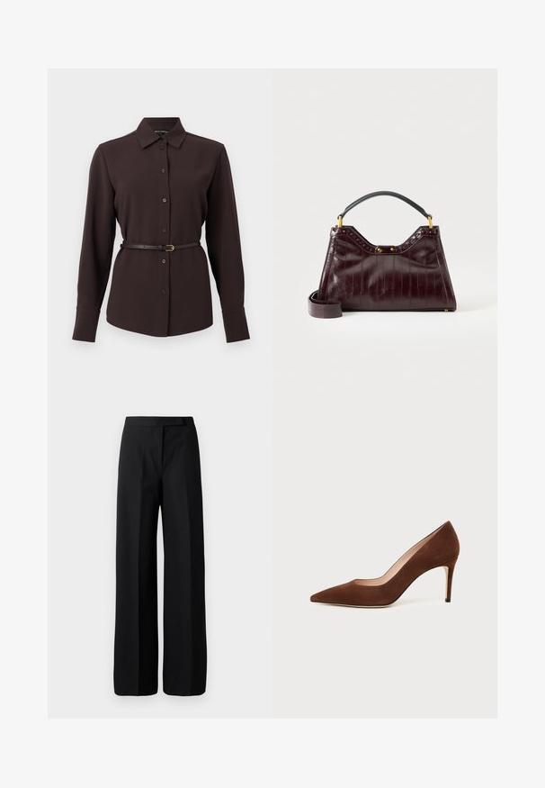 Blouse marron foncé à manches longues avec boutons, col pointu et ceinture fine à la taille avec petite boucle dorée.; Pantalons noirs à jambe large avec une texture lisse et mate. Ceinture plate sans matériel ni motifs visibles. Design simple et élégant.; Chaussure à talon haut en daim marron à bout pointu avec un talon aiguille fin sur fond blanc.; Sac à main en cuir bordeaux foncé avec motif texturé, poignée supérieure noire, accessoires dorés et bandoulière amovible sur fond blanc.