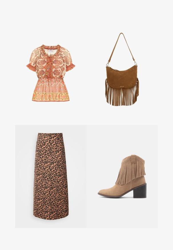 Blouse koos kokku tõmmatud kaelusega ja lühikeste varrukatega; omaduseks on lilleline paisley muster oranži, valge ja kuldse tooni kombinatsioonis, koos vööst näidatud kitsendusega.; Beige ja musta leopardikuvandiga midi seelik, millel on sirge lõige, kaks tagumist taskut ja sile tekstuur.; Pruun seemisnahast pahkluu saabas ümara varba ja narmastega pealsega. Omaduseks on keskmise kõrgusega plokktald ning tugev disain nööri detailiga taga.; Pruun seemisnahast õlakott, mille allservas on narmastega detail, kaardus kujuga, kuldse logoga esiküljel ja reguleeritava rihmaga.