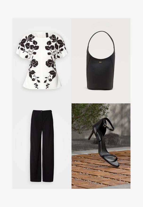 Haut blanc avec un motif floral noir, manches courtes et décolleté arrondi. Silhouette structurée avec un ourlet style peplum. Fermeture éclair à l'arrière.; Pantalons large en noir avec un tissu tissé lisse ; dotés d'une fermeture à bouton et d'un design plissé pour une silhouette structurée.; Sandale noire à talon haut avec sangle à la cheville, suspendue au-dessus d'un sol en carreaux de bois à l'extérieur, avec un arrière-plan flou de verdure et de pierre.; Sac seau en cuir noir avec une seule bandoulière et un petit logo BOSS doré centré près du haut à l'avant.
