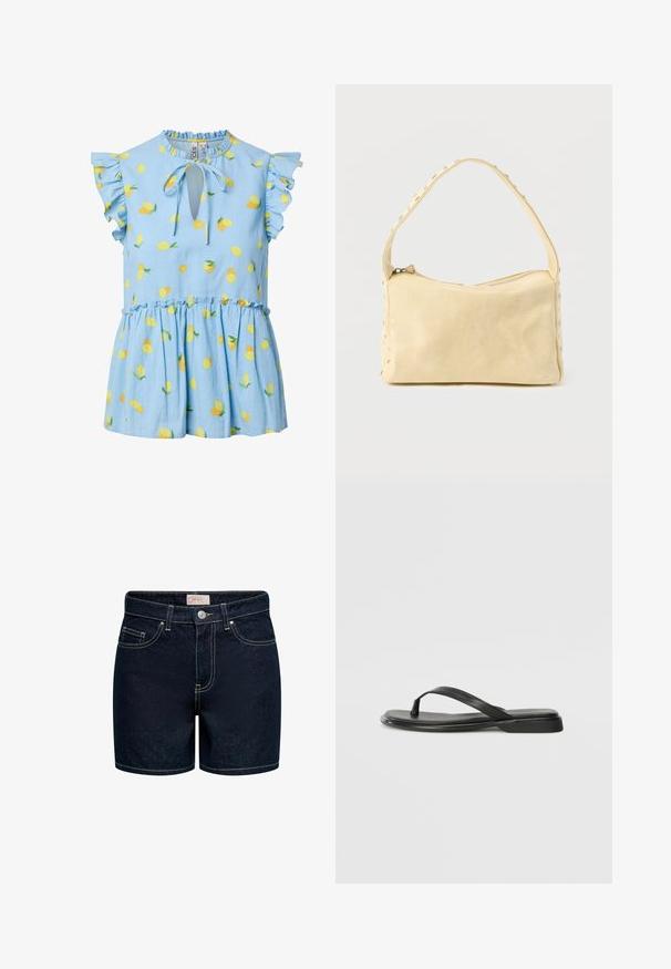 Lyseblå ærmeløs bluse med flæseærmer, citronprint, nøglehulssnit og bindedetalje ved halsen.; Mørkeblå denimshorts med en tætsiddende pasform, fem lommer, gyldne syninger og lukning med knap foran. Materialet har en glat tekstur.; Sorte flip-flops lavet af glat læder, med et tyndt remdesign og en flad sål med et minimalt profil. Ingen bemærkelsesværdige mønstre eller accenter.; Lille beige læderhåndtaske med en enkelt rem og sølvnitter langs kanterne og remmen, sat mod en ensfarvet baggrund.